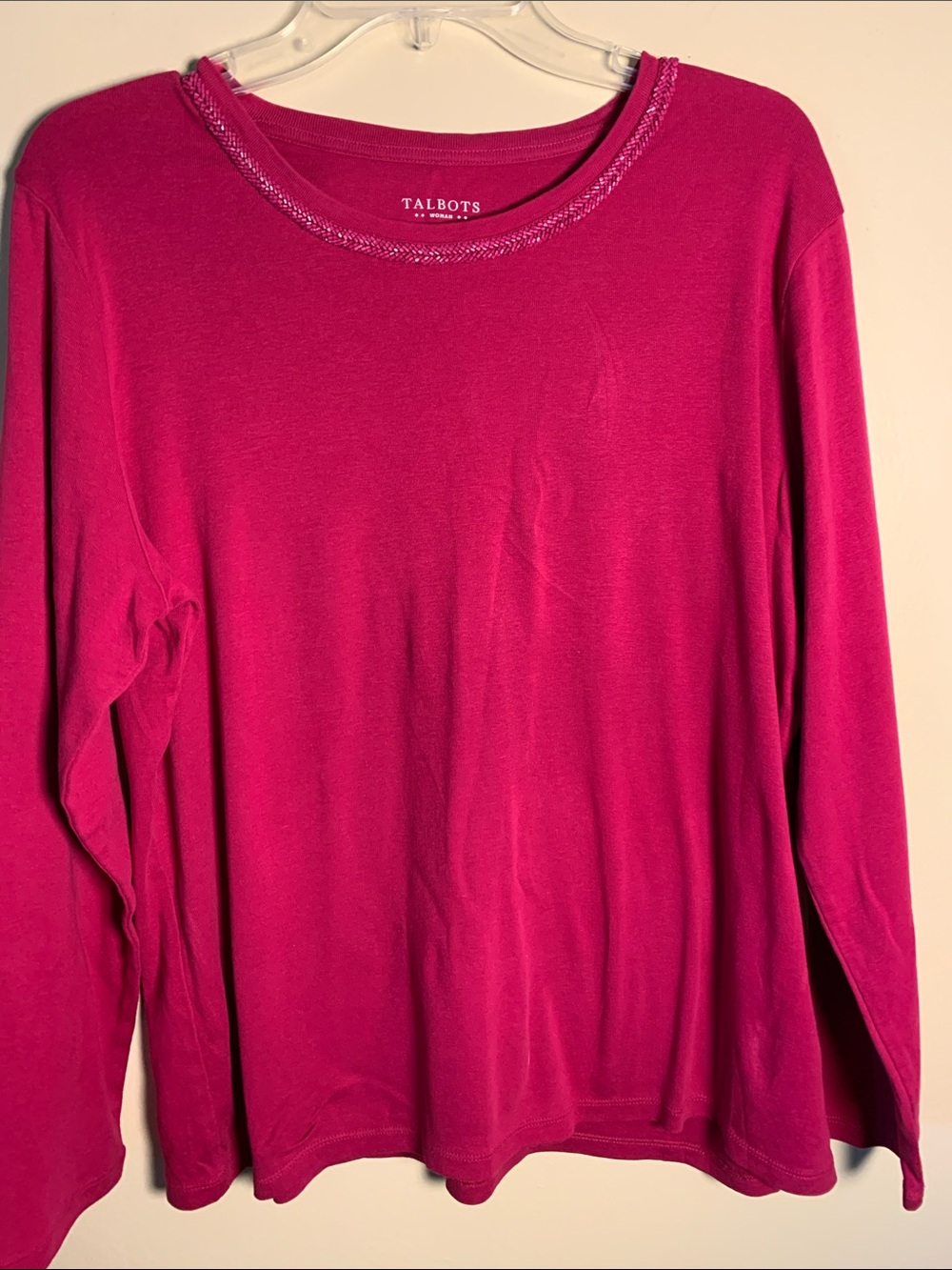 Talbots Long-Sleeve Crewneck Top in Fuchsia Pink women’s size 2X embellished